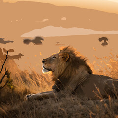 Illustration d&rsquo;un lion majestueux, couch&eacute; sur une savane dor&eacute;e au coucher du soleil, avec sa crini&egrave;re dense flottant dans le vent.