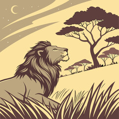Illustration d&rsquo;un lion majestueux, couch&eacute; sur une savane dor&eacute;e au coucher du soleil, avec sa crini&egrave;re dense flottant dans le vent.