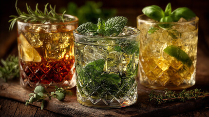 Herb infused cocktails in glass jars
