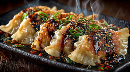 Grilled dumplings topped with herbs and dipping sauce
