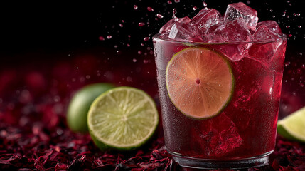 Red cocktail with lime slices in mid splash
