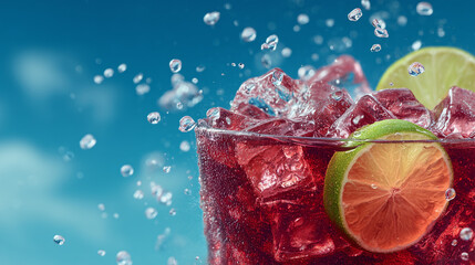 Red cocktail splash against blue background
