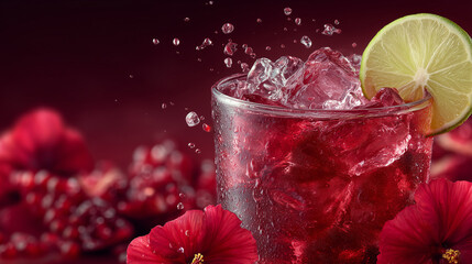 Red cocktail with ice cubes and lime slice
