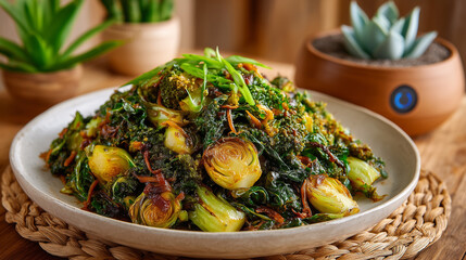 Stir-fried kale and brussels sprouts with spices
