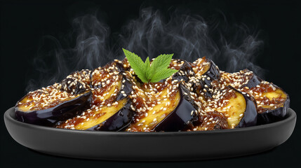 Grilled eggplant with smoke and sesame garnish
