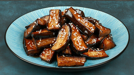 Glazed eggplant slices in blue bowl with sesame seeds
