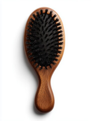Oval-shaped wooden hairbrush with black bristles

