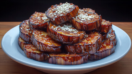 Glazed sweet potato slices with sesame seeds
