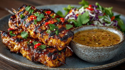 Grilled chicken with colorful peppers and dipping sauce
