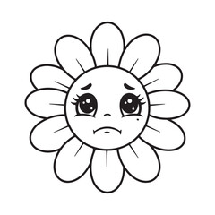 Sad Daisy Flower Cartoon Illustration with Black and White Outlines, Perfect for Coloring Books and Children's Art Projects