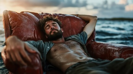 A man rests peacefully in a vintage red sofa floating on water, capturing a surreal blend of relaxation and serenity, emphasizing the balance between comfort and nature's beauty.