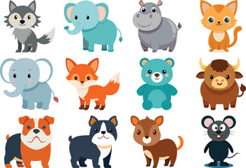Fototapeta premium Cute Cartoon Animal Set – Adorable Vector Illustration of Wild and Domestic Baby Animals