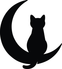 Silhouette Cat sitting on crescent moon vector Illustrator