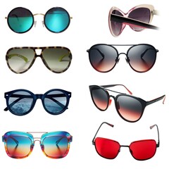 Assorted sunglasses collection on white background – various styles and colors

