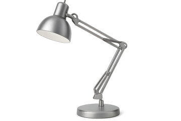 Metallic articulated desk lamp providing focused light, isolated on a transparent background, perfect for design projects