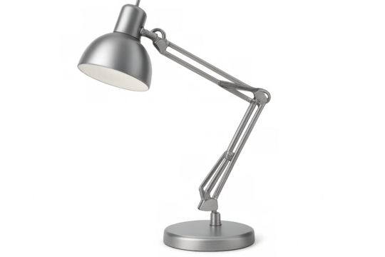 Metallic articulated desk lamp providing focused light, isolated on a transparent background, perfect for design projects