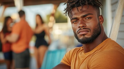 Fototapeta premium A focused young man with a well-groomed beard looks towards the camera, embodying confidence and strength, surrounded by a laid-back summer social scene.