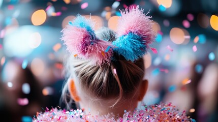 A young girl with colorful bows in her hair stands amidst a festive scene filled with confetti, radiating joy and excitement, encapsulating the spirit of celebration.
