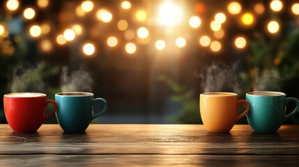 Fototapeta premium A charming image of steaming coffee mugs in various colors placed on a rustic wooden table, evoking warmth and comfort ideal for a cozy atmosphere.