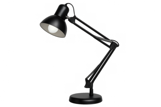 Black articulated desk lamp illuminating with transparent background, ideal for home or office workspace