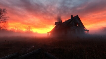 Witness the striking silhouette of an abandoned house against a vivid and fiery sunset sky, evoking mystery, haunting beauty, and the intrigue of forgotten places at dusk.