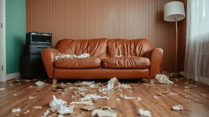 A cluttered living room with torn paper and a disheveled couch, creating a chaotic atmosphere that reflects the reality of life and the importance of organization and balance.