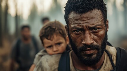 Obraz premium A determined adult carries a child on their back, navigating through a smoke-filled forest, highlighting themes of resilience and survival in a challenging environment.