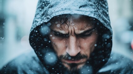 A man stands in the rain with a contemplative expression, showcasing deep emotions and reflections evoked by the weather, symbolizing introspection and solitude.