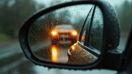 An artistic view of a car's side mirror reveals blurred raindrops and vibrant light reflections from vehicles ahead, capturing the atmospheric beauty of a rainy night drive.