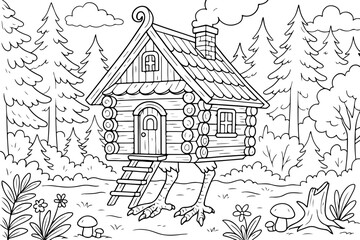 Fototapeta premium Whimsical wooden house with chicken legs in a coloring page style surrounded by forest and plants