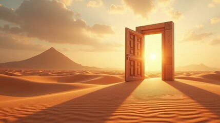 landscape with open door leading to sunset.