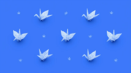 Obraz premium White Origami Cranes on Blue Background with Small Stars 