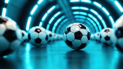 A collection of soccer balls arranged on a sleek, illuminated floor in a futuristic setting, symbolizing sportsmanship, competition, and the passion of the beautiful game.