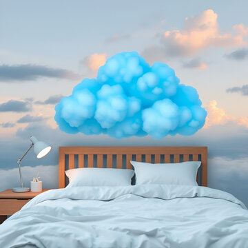 The bedstand in a fluffy blue cloud symbolises good sleep and a serene sky setting.