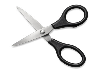 Stainless steel scissors with black plastic handles open and slightly angled on a transparent background