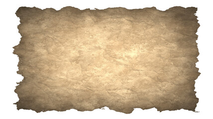 Brown crumpled and aged parchment paper with frayed edges isolated on transparent background