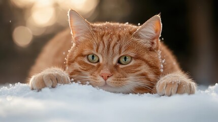 Fototapeta premium An adorable orange cat stealthily crouches in the snow, showcasing its curious nature against a magical winter backdrop with soft sunlight illuminating the scenery.