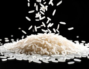 realistic picture of Indian Basmati Rice grains ,Rice grains are falling from the top , realistic colors, sharp realisitic rice grains, black background.
