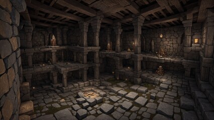 Fantasy medieval dungeon interior with stone walls and torch light