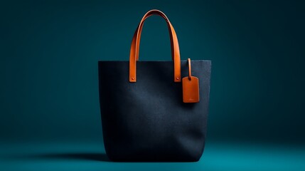 Elegant dark blue tote bag with bright orange leather handles and a matching luggage tag