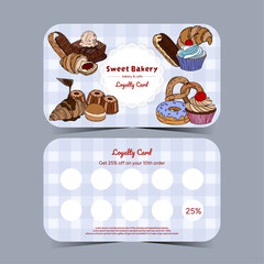 Fototapeta premium Business loyalty card with baked goods. Dessert, pastries discount for your branding. Front and back bakery card