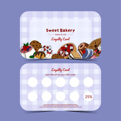 Business loyalty card with baked goods. Dessert, pastries discount for your branding. Front and back bakery card