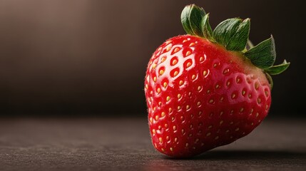 This close-up image showcases a vibrant strawberry, emphasizing its juicy texture and bright color, set against a contrasting dark backdrop that's visually striking.