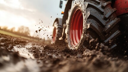 This dynamic image captures a tractor tire splashing mud, showcasing the strength and power of agricultural machinery amidst a rustic farming setting with a dramatic sky.