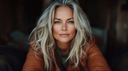 Fototapeta premium This captivating portrait features a mature woman exuding natural beauty and confidence, encapsulating a moment of serene strength and authentic grace.
