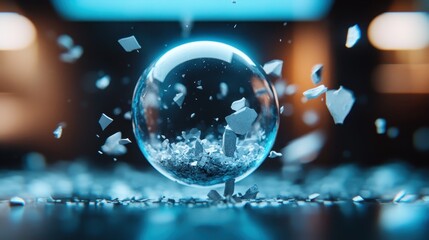 An abstract image of a translucent bubble surrounded by floating fragments, representing fragility, change, and the beauty that can emerge from chaos in a mesmerizing display.