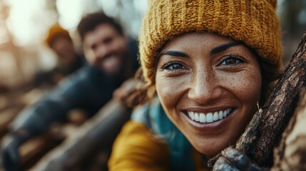 Obraz premium A joyful woman in a cozy knit hat smiles brightly as she poses among logs in a sunlit forest, exuding warmth and connection to nature and community.