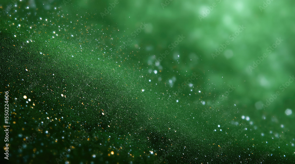 Poster bright and elegant green background with sparkling glitter, dreamy bokeh, and festive abstract textu