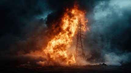 Obraz premium A dramatic scene unfolds with a tower catching fire amidst thick smoke, creating an intense visual representation of chaos and destruction in an urban environment.
