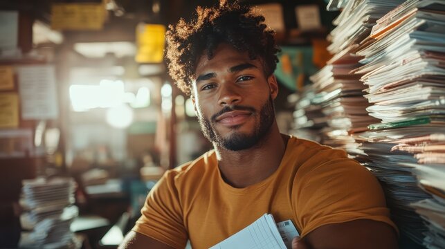 A confidently smiling young man stands in a cozy space filled with stacks of papers, embodying focus and determination while inviting a sense of approachability and warmth.